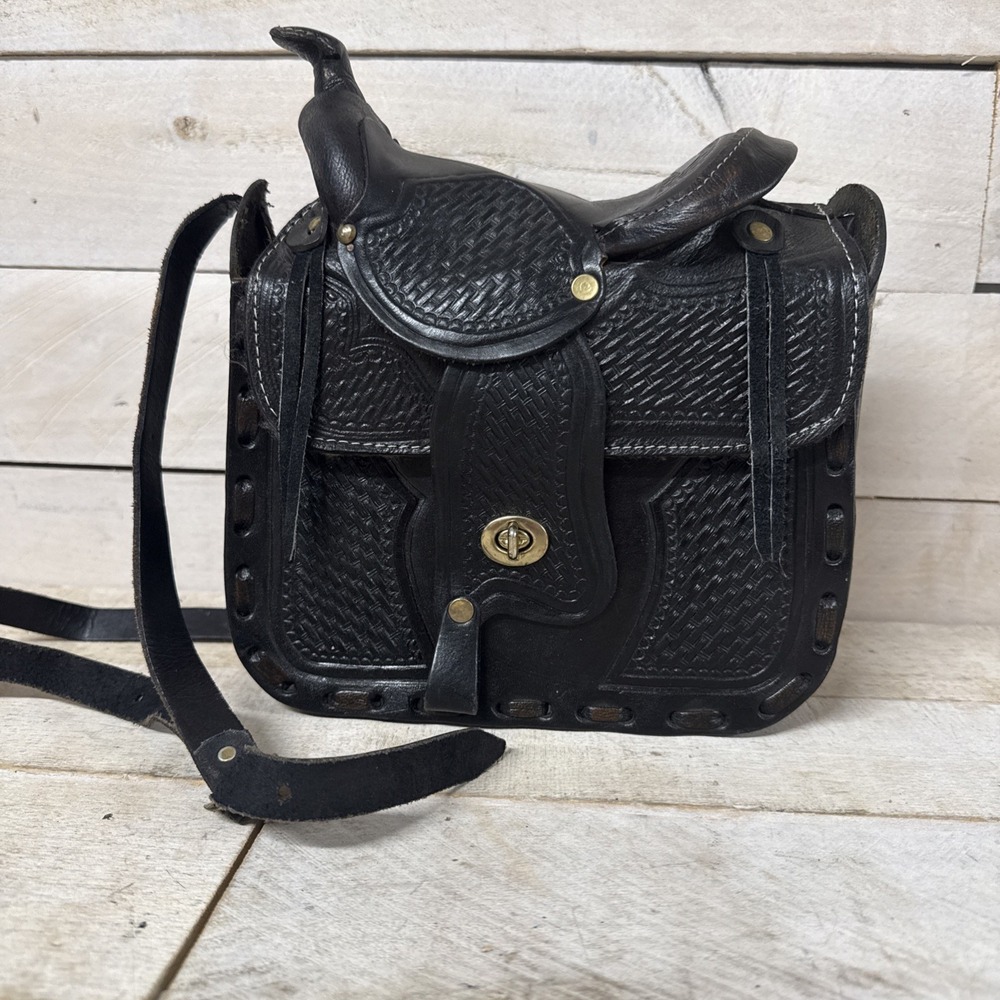 Saddle Bag Purse Hand Tooled Black Leather Shoulder/ Crossbody Fast Shipping
